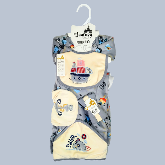 10 Pc Newborn Velvet Suiting Set with Shawl Sailor's Ship Grey Color