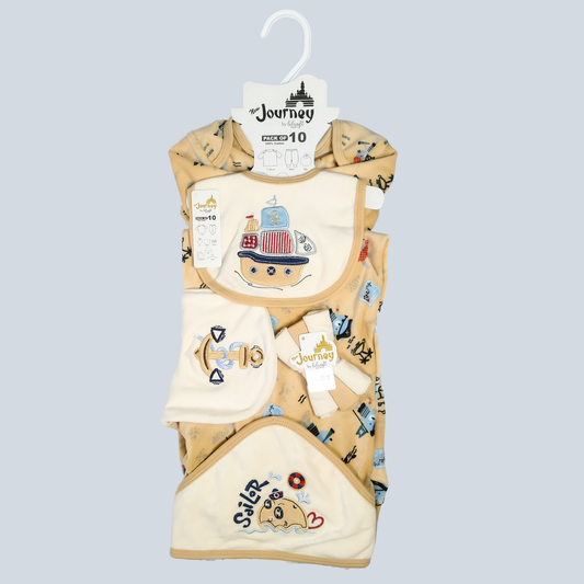 10 Pc Newborn Velvet Suiting Set with Shawl Sailor's Ship Mustard Color